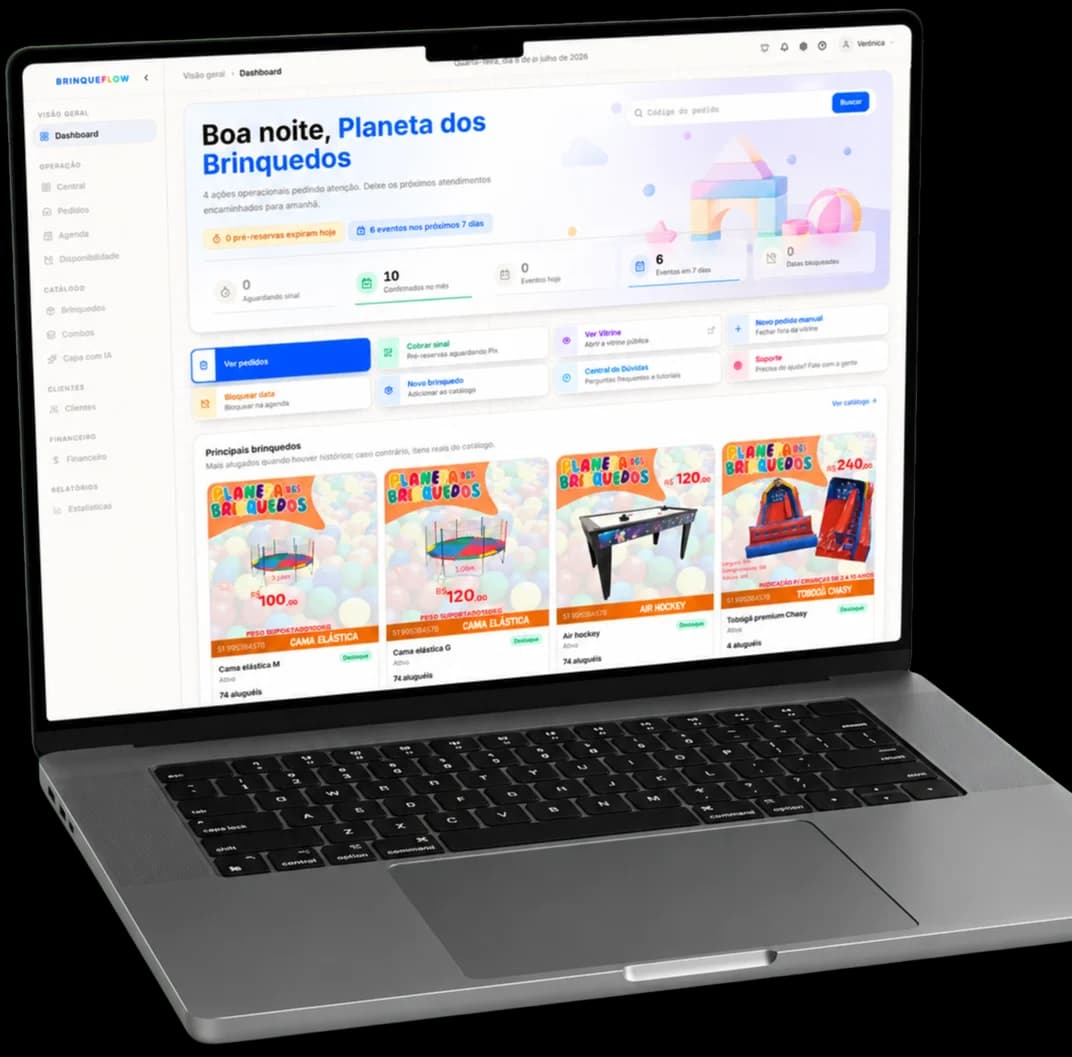 Painel inicial do BrinqueFlow num notebook, com resumo do dia e atalhos rápidos pra operação