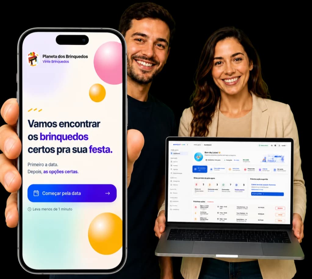 Locadores de brinquedos mostrando a vitrine BrinqueFlow no celular e o painel no notebook