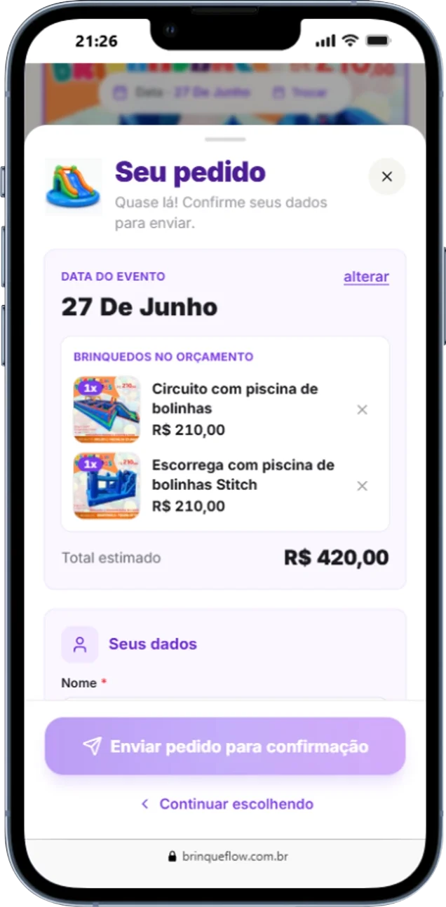 Tela real da vitrine BrinqueFlow mostrando o resumo do pedido com os brinquedos escolhidos e o total