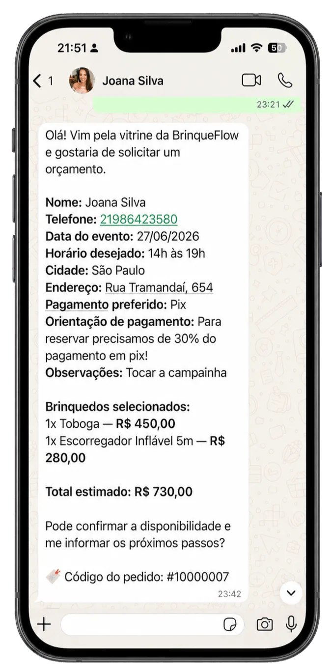 Print real do WhatsApp mostrando o pedido pronto, com data, brinquedos e valor já organizados
