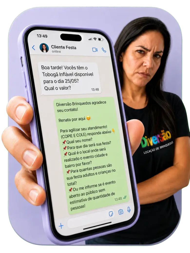 Cena ilustrativa de uma locadora recebendo perguntas repetidas no WhatsApp